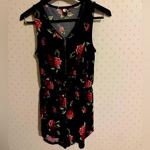 Floral pink and black front zip romper